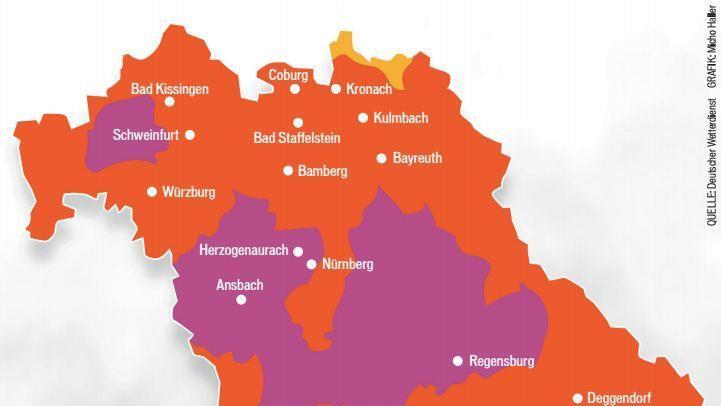 Der Deutsche Wetterdienst warnt vor einer hohen Waldbrandgefahr im fränkischen Raum. Auch der Landkreis Kronach ist davon betroffen. Die Grafik zeigt die Situation am Mittwoch.