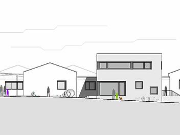 So sieht der kubusförmige, zweistöckige Gebäudeteil aus, um den der Kindergarten erweitert wird.Foto: Heßdörfer Seifert Architekten