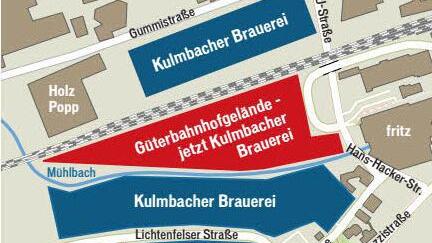 Das Güterbahnhofsgelände, das die Kulmbacher Brauerei jetzt gekauft hat, liegt genau zwischen ihren beiden Produktionsstätten.