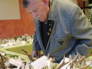 Karl Oswald begutachtet bei der Hegeschau Trophäen.Fotos: Stephanie Elm