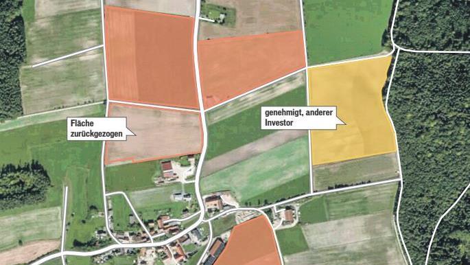 Die rot umrandeten Flächen zeigen die bei Oberweiler für  das neue Solarprojekt ins Auge gefassten  Flächen. Das Bauleitverfahren bereits durchlaufen hat die gelbe Fläche, hier  gibt es allerdings einen anderen Investor. Grafik: Micho Haller