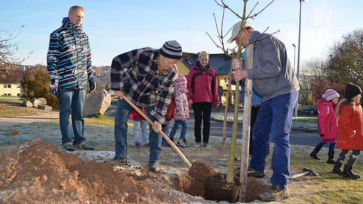 Im Jahr 2011 haben der Vorsitzende Siegfried Hoechst (links mit Schaufel) und Wolfgang Rottenberger mit den Kindergartenkindern einen Baum an der Friedensstraße gepflanzt. Foto: Kathrin Kupka-Hahn