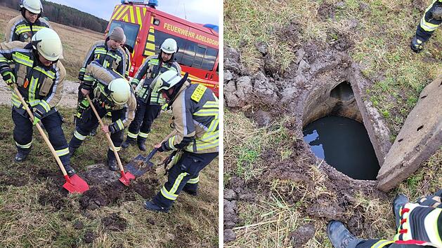 Adelsdorf: Feuerwehr muss Hund mit Schaufeln aus Schacht befreien - "nicht von selbst rausgekommen"