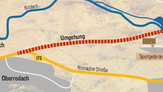 Bisheriger Verlauf der Bundesstraße 173 (unten) und Trasse der dreistreifigen Umgehung (oben). Quelle: Staatliches Bauamt / FT-Grafik: Dietmar Rothe