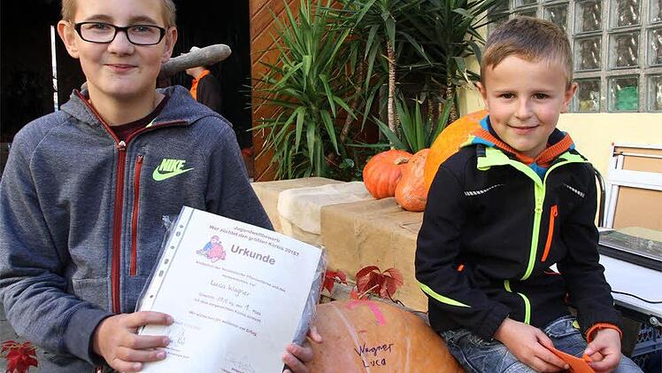 Luca Wagner (links) thront als Sieger des Kürbiswettbewerbs auf seinem 39, 5 Kilogramm-Exemplar. Rechts sein Bruder Nico