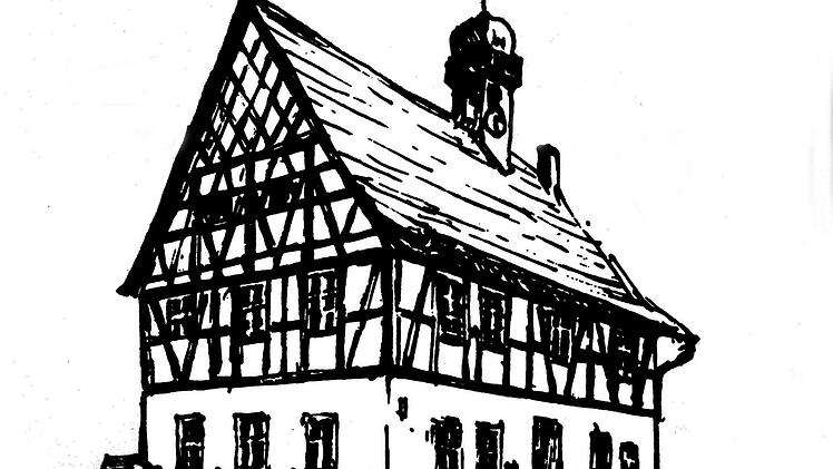 Das historische Gemeindehaus Stöppach hat schon viel erlebt und könnte viel erzählen. Viele Künstler haben es gezeichnet, wie auch Karl Wilhelm aus Ahorn. Der Festplatz für die Geburtstagsfeier liegt unweit des historischen Gebäudes. Repro: Michael Stelzner