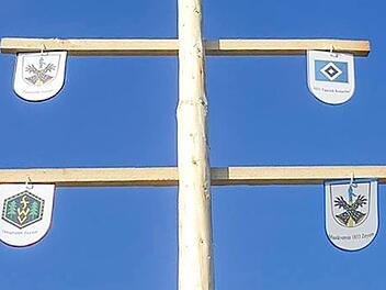 Die Freiwillige Feuerwehr hat in diesem Jahr neben dem eigenen Wappen, dem der Ortsgruppe und des Musikvereins auch die HSV-Raute am Maibaum (oben rechts) in Zeyern befestigt. Fotos: privat