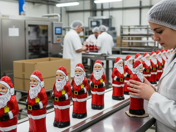 In einer Schokoladenfabrik werden Schoko-Weihnachtsmänner produziert.