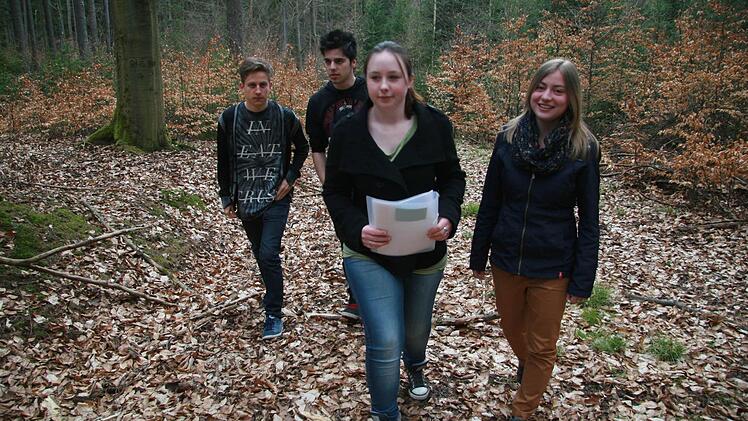 Julian Seiferth, Fabian Dippold, Jana Bernstein und Theresa Fießmann streifen durch den Wald - und möchten die Stöcke, an denen sich die Wildkatzen reiben sollen, inspizieren.