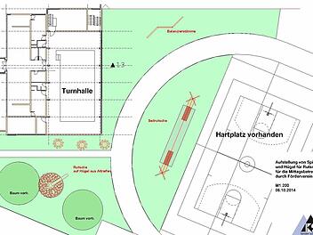So sehen die Planungen von Kersten Schöttner für den Erlebnisbereich zwischen Turnhalle und Hartplatz am Bildungszentrum Wallenfels aus.   Zeichnung: Kersten Schöttner