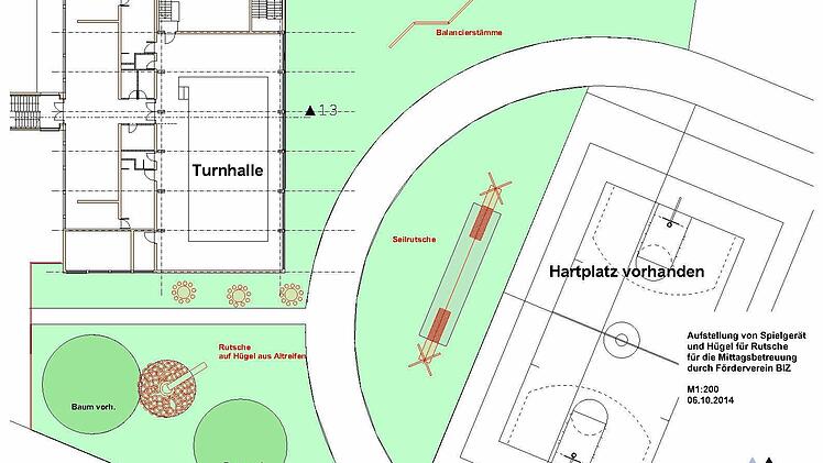 So sehen die Planungen von Kersten Schöttner für den Erlebnisbereich zwischen Turnhalle und Hartplatz am Bildungszentrum Wallenfels aus.   Zeichnung: Kersten Schöttner