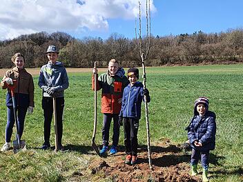 Auch Kinder halfen beim Pflanzen  neuer Birnbäume.