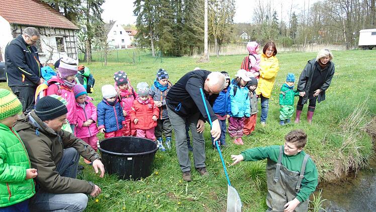 Alle Kinder und Erwachsene beobachten, wie Kilian Schuster die Forellen aus dem Netz lässt. Foto: Petra Malbrich