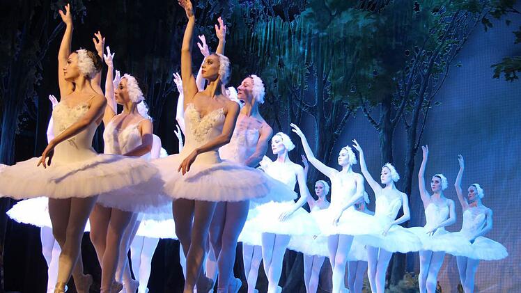 Federleicht tanzen die Schwäne im Mondlicht. Die St. Petersburg Festival Ballett Compagnie begeisterte die Zuschauer in der Kulmbacher Stadthalle mit einem perfekt inszenierten Auftritt. Foto: Sonja Adam