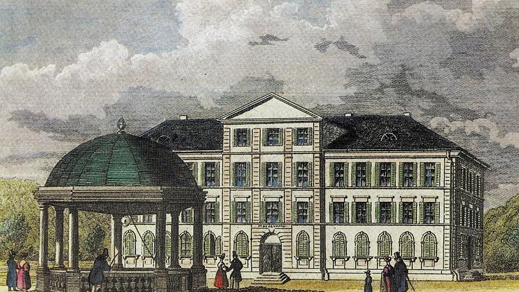 Diese Postkarte zeigt die Kuranlagen mit dem Elisabethenhof im Staatsbad Brückenau um das Jahr 1835.  Repro: Ulrike Müller