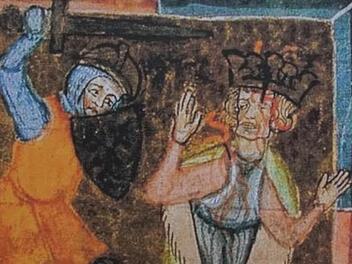 Anders als auf dieser Anfang des 14. Jahrhunderts zum Königsmord  geschaffenen Miniatur dürfte König  Philipp von Schwaben die  Königskrone beim für ihn tödlich verlaufenden Gewaltakt kaum getragen haben. Repro: Wikipedia