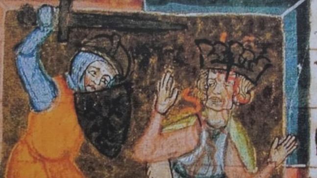 Anders als auf dieser Anfang des 14. Jahrhunderts zum Königsmord  geschaffenen Miniatur dürfte König  Philipp von Schwaben die  Königskrone beim für ihn tödlich verlaufenden Gewaltakt kaum getragen haben. Repro: Wikipedia