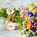 Wildblumenstrauß auf Holzuntergrund