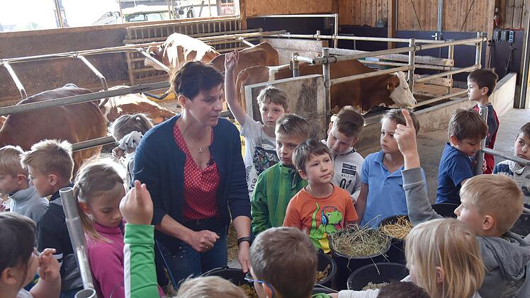 Michaela Ehrlich erklärt den Kindern, was auf dem Speiseplan der Kühe steht. Foto: Gabi Arnold