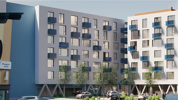Ansicht Pestalozzistraße: Hier sieht man nur einen kleinen Teil des Megaprojekts, das sich bis zur Karl-Jung-Straße erstreckt. Visualisierung: Drösel-Gruppe