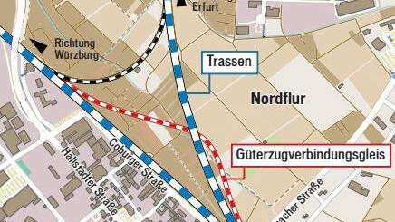 Die Ausbaupläne der Bahn im Bestand. Für die Abzweigung nach Westen soll ein Verbindunggleis (rot) gebaut werden.   Grafik: Klaus Heim.