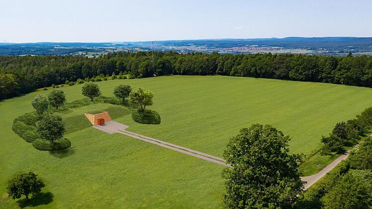 Ohne Umzäunung, dafür mit Flachdach und Gabionenwand: So soll der Rothofhügel aussehen, wenn er voraussichtlich 2021 abgeschlossen sein wird. Anders als auf der Illustration wird das Hochplateau jedoch nicht als  Wiese, sondern wie bisher als Ackerfläche genutzt.  Grafik: Stadtwerke Bamberg