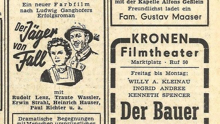 Eine Vielfalt an Kino-Anzeigen aus der Tageszeitung vom 15.3.1957 Repro: Stadtarchiv Lichtenfels