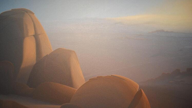 Hartmut Pfeuffer: Granitblöcke (Tishel-Koutatine). Öl auf Leinwand, 184 x 318 cm.  Foto: Carolin Herrmann