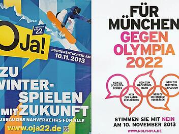 Die Bildkombo zeigt ein Plakat von Olympia-Befürwortern (links) und -Gegnern, wie sie derzeit in München zu sehen sind. Foto: Sven Hoppe/dpa
