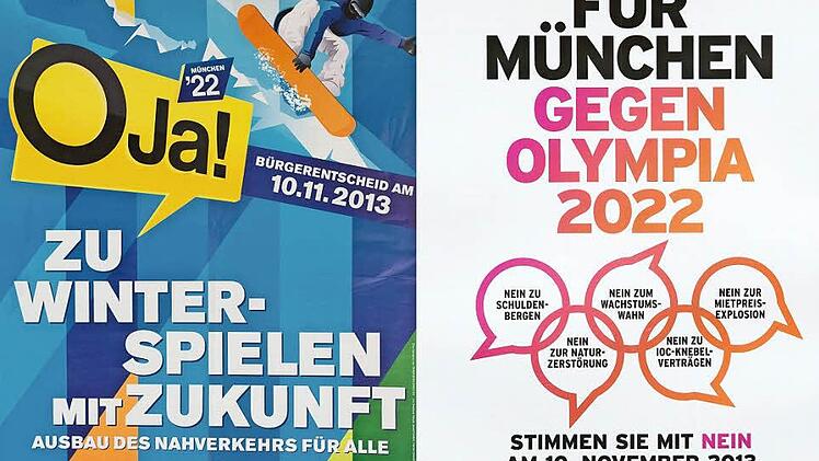 Die Bildkombo zeigt ein Plakat von Olympia-Befürwortern (links) und -Gegnern, wie sie derzeit in München zu sehen sind. Foto: Sven Hoppe/dpa