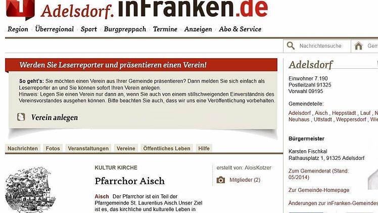Dieser Screenshot zeigt die Seite der Vereine in Adelsdorf, zu finden über adelsdorf.infranken.de