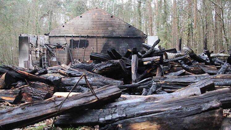 Von der landwirtschaftlichen Halle im Waldstück bei Zeckern ist am Tag nach dem Brand nur noch eine Ruine übrig. Ein Verdächtiger wurde noch am Brandort verhaftet. Gegen ihn wird wegen Brandstiftung ermittelt. Foto: Christian Bauriedel