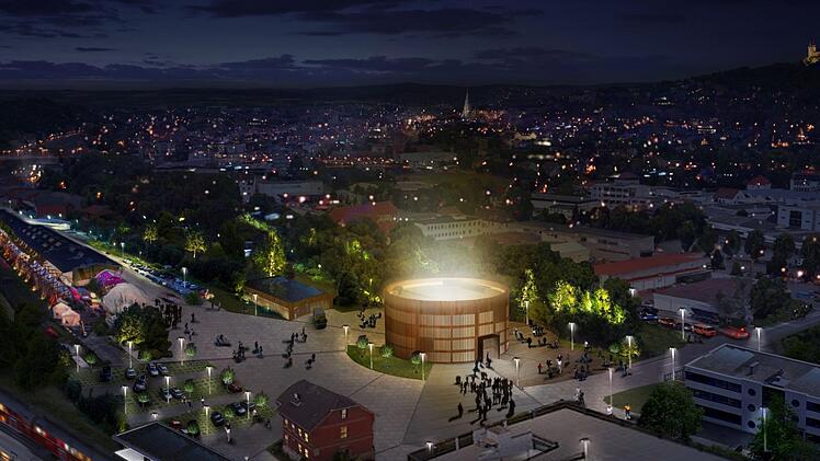 So k&ouml;nnte die Interimsspielst&auml;tte f&uuml;rs Coburger Landestheater aussehen: ein schicker Rundbau am G&uuml;terbahnhof, der auch anschlie&szlig;end genutzt werden kann. Zu den Bef&uuml;rwortern z&auml;hlen allen voran der Stadtrat Ren&eacute; H&auml;hnlein (SBC) und der Unternehmer Michael Stoschek. Aber ist dieses ehrgeizige Projekt tats&auml;chlich realsierbar?Grafik: Isabell Stengel/Anders Macht