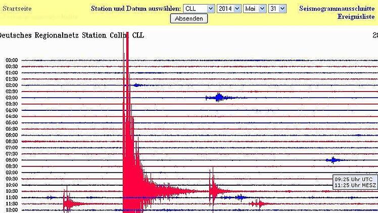 Seismogramm-Ausschnitt des Erdbebens vom Wochenende aus den Aufzeichnungen des Geophysikalischen Oberservatoriums Collm. Foto: dpa