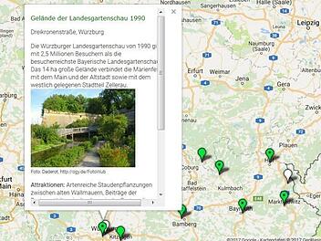 Bei der Karte (unten im Text) öffnen sich zu jedem Ausflugspunkt Infofenster. Grün sind die Orte markiert, an denen bereits eine Gartenschau stattgefunden hat. An den mit weißen Fähnchen markierten Punkten sind künftige Gartenschauen geplant.