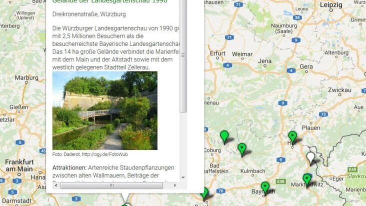 Bei der Karte (unten im Text) öffnen sich zu jedem Ausflugspunkt Infofenster. Grün sind die Orte markiert, an denen bereits eine Gartenschau stattgefunden hat. An den mit weißen Fähnchen markierten Punkten sind künftige Gartenschauen geplant.