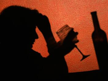 ARCHIV - ILLUSTRATION - Der Schatten einer Frau, die ein Glas Wein trinkt, ist an der Wand in einer Kneipe in Frankfurt (Oder) zu erkennen, aufgenommen am 15.11.2006. Alkohol ist gesellschaftlich weitgehend akzeptiert. Experten sprechen aber vom Suchtmittel Nummer eins. Foto: Patrick Pleul/dpa