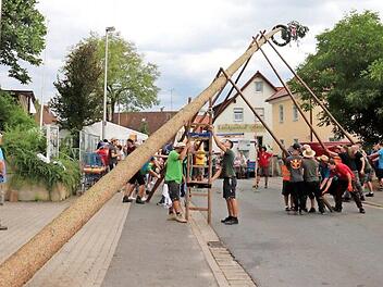 Auch von einem Regenschauer ließen sich die kräftigen Aischer beim Baumaufstellen nicht stören.  Foto: Johanna Blum