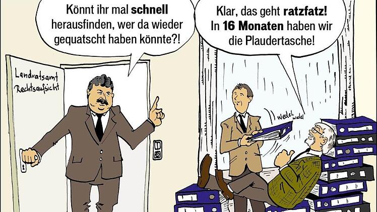 Eine Expertenkommission soll jetzt in Windeseile herausfinden, wie geheime Details aus den Prüfungsunterlagen im Fall Aures  an die Öffentlichkeit gelangen konnten ... (2007) Karikatur: Jürgen Scheibe