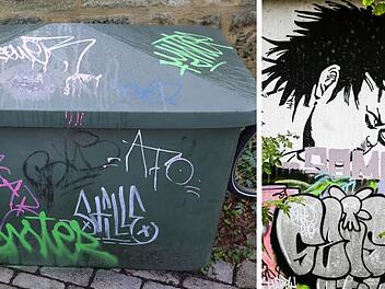 Das Graffito rechts wurde legal an die Europabrücke gesprüht. Das linke Foto zeigt einen beschmierten Kasten - Sachbeschädigung. Fotos: Barbara Herbst/Matthias Hoch