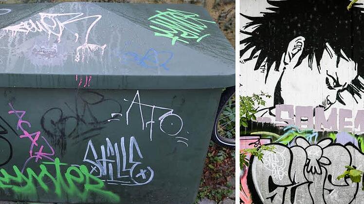 Das Graffito rechts wurde legal an die Europabrücke gesprüht. Das linke Foto zeigt einen beschmierten Kasten - Sachbeschädigung. Fotos: Barbara Herbst/Matthias Hoch