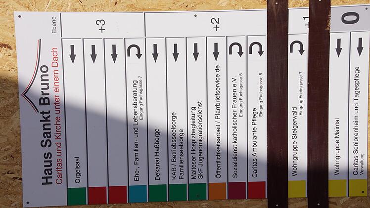 Eine farbig gestaltete Tafel weist den Weg zu den jeweiligen Einrichtungen, die im Haus St. Bruno beheimatet sind.