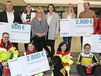 Über eine Spende der Mitarbeiter der HUK Coburg von insgesamt 9000 Euro freuen sich die ASB-Rettungshundestaffel, die Schulweghelfer der Stadt Coburg, der Fußballclub FED OLÉ sowie das Projekt "Anti-Gewalt-Training" an der Jean-Paul-Schule in Coburg. Foto: Wolfgang Desombre