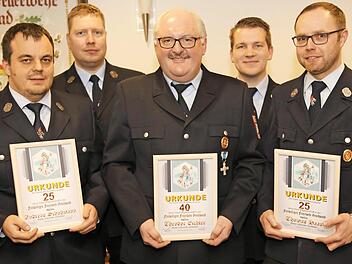 Ehrungen bei der Feuerwehr Geschwand: Das Bild zeigt von links Andreas Schuhmann, Thorsten Küchler, Theo Eichler, Martin Zellmann und Thomas Haas. Foto: Franz Galster