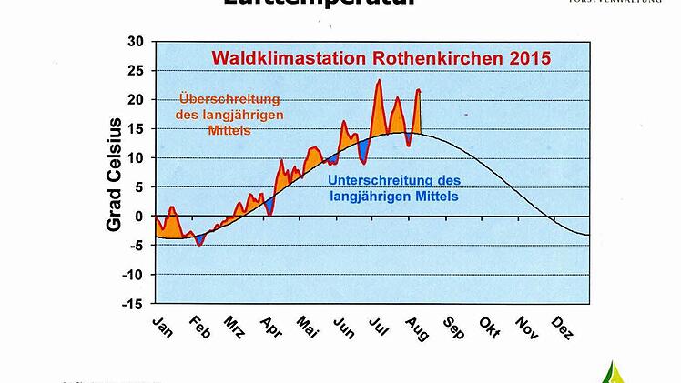 Heuer war es am Rennsteig viel zu warm. Besonders die Spitzen im Juli und August sind außergewöhnlich.  Grafik: LWF/Raspe