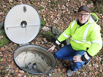 André Leidner vom Wasserwerk zeigt die Tauschendorfer Quellen, die nicht mehr zur Wasserversorgung genutzt werden. Zur Löschwasserversorgung und für den Dorfbrunnen darf das Wasser weiterhin verwendet werden. Foto: Stephan Stöckel