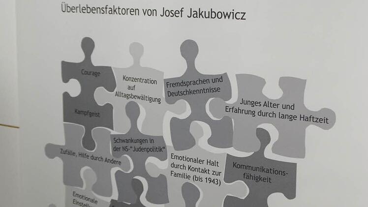 Teil beängstigende Einblicke in das Schicksal von Holocaust-Überlebenden gibt die Ausstellung in der Berufsschule. Dieses Puzzle zeigt auf, welchen Zufällen oder eigenen Aktionen es Josef Jakubowicz zu verdanken hatte, dass er das Konzentrationslager überlebte. So stellte er sich die letzten 24 Stunden bis zur Befreiung von Auschwitz am Fuße eines Leichenhaufens tot.
