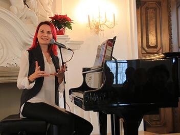 Die Liedermacherin Sarah Straub, die bei den "Liedern auf Banz" dabei sein wird, gab bei der Pressekonferenz im Kaisersaal von Kloster Banz ein kleines Konzert. Foto: Matthias Einwag