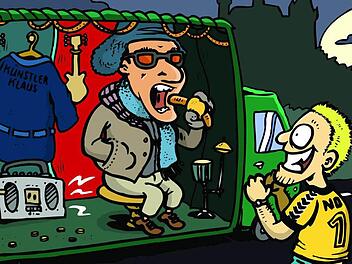 Die ungewöhnlichen Spontankonzerte verarbeitete Chris Bögle Ende 2008 fürs Tageblatt zu dieser Karikatur. Xavier Naidoo verspeist auf seiner "Bühne", der Laderampe eines Lastwagens, eine Coburger Bratwurst und OB Norbert Kastner als Freund und Edelfan (im HSC-Trikot) jubelt zu.