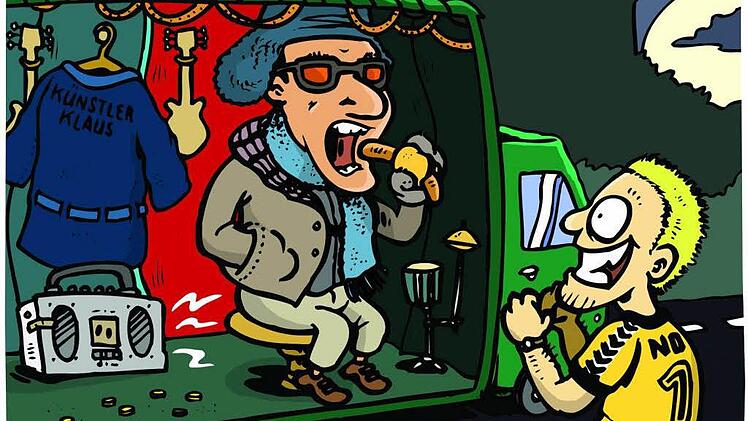 Die ungewöhnlichen Spontankonzerte verarbeitete Chris Bögle Ende 2008 fürs Tageblatt zu dieser Karikatur. Xavier Naidoo verspeist auf seiner "Bühne", der Laderampe eines Lastwagens, eine Coburger Bratwurst und OB Norbert Kastner als Freund und Edelfan (im HSC-Trikot) jubelt zu.